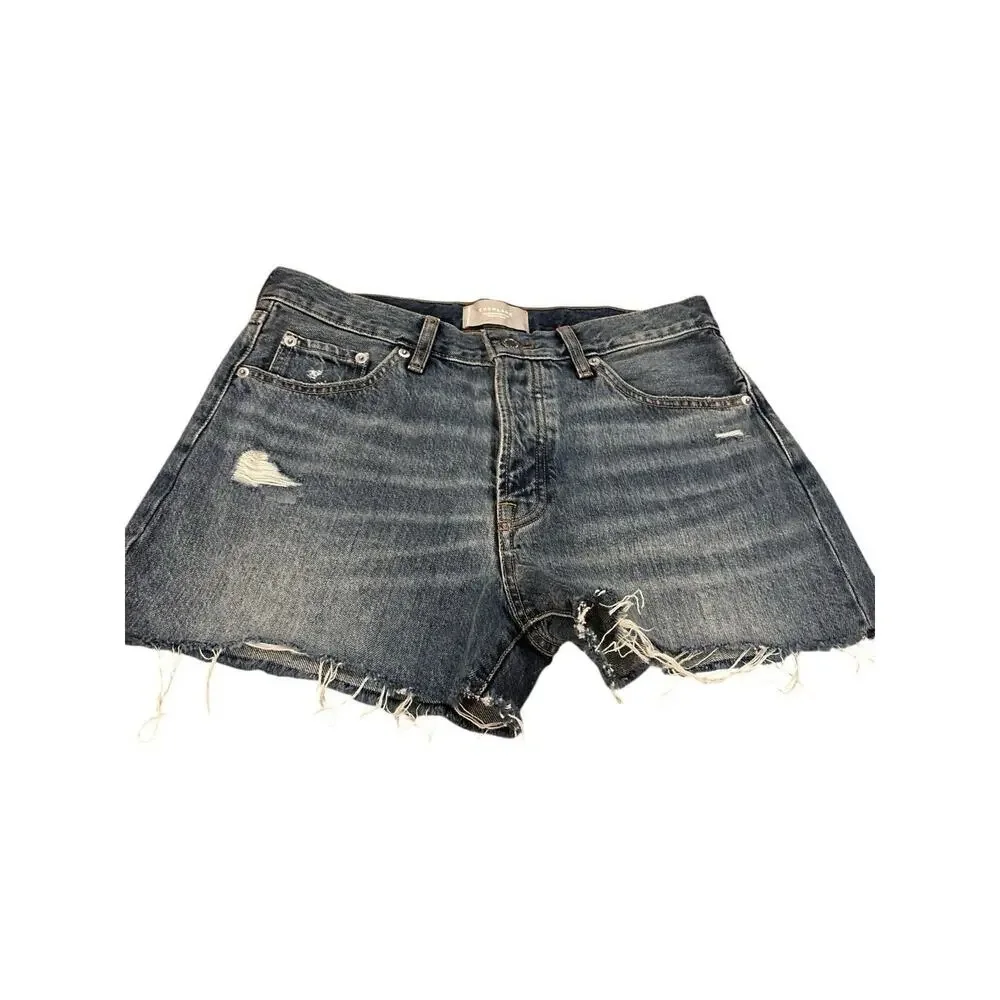 Everlane Relaxed Fit High Rise Button Fly Blue Frayed Hem Denim Shorts Size 27